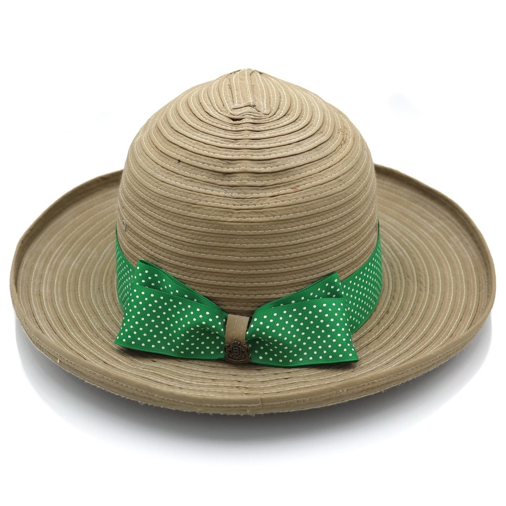 Biltmore Sun Hat Womens L/XL Tan Green Polka Dot Bow Straw Style Summer Beach